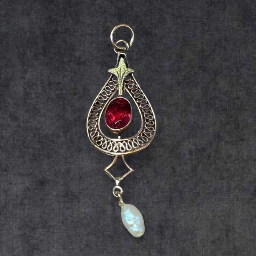 Antique Art Nouveau Red Stone & Pearl Lavaliere Pendant Edwardian Gold Filled.